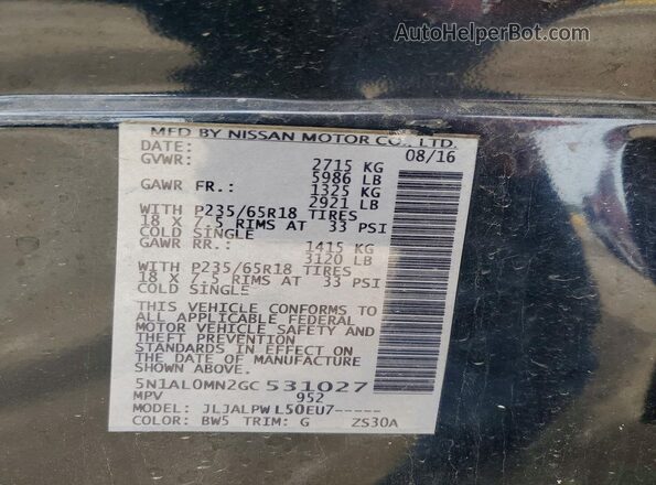 5N1AL0MN2GC531027 2016 INFINITI QX60 Blue VIN sticker view