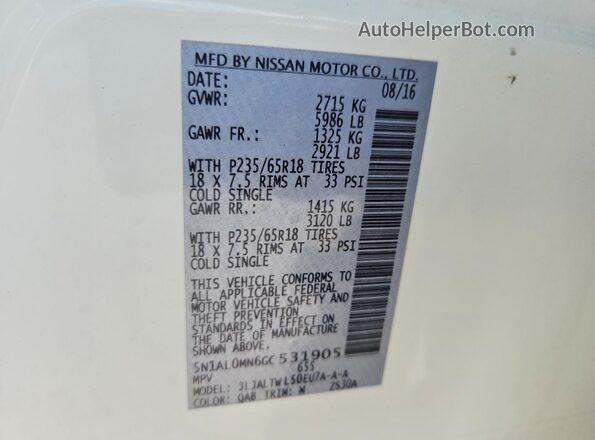 5N1AL0MN6GC531905 2016 INFINITI QX60 Белый Вид наклейки с VIN-кодом