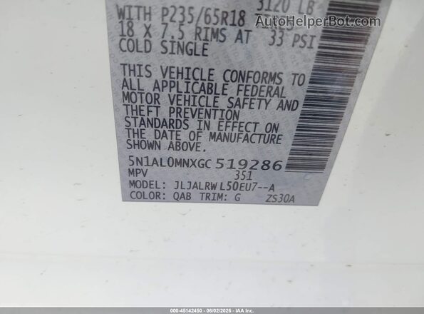 5N1AL0MNXGC519286 2016 INFINITI QX60 White Widok komory silnika