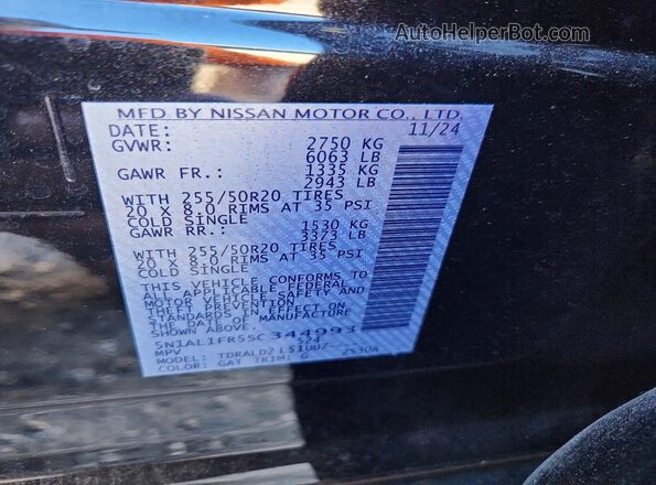 5N1AL1FR5SC344993 2025 INFINITI QX60 Black VIN կոդի պիտակի տեսք
