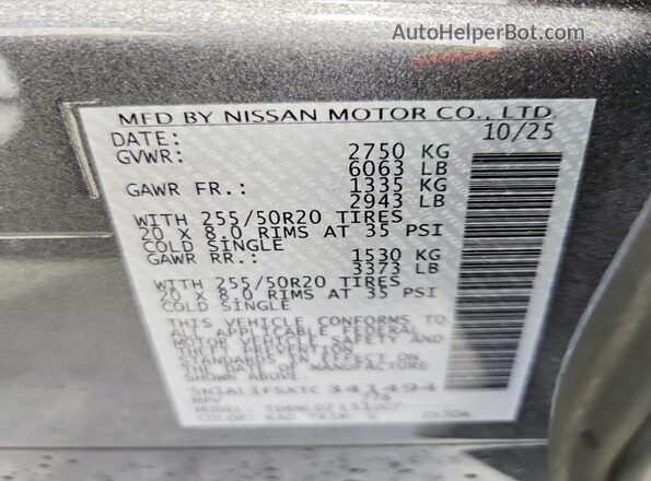 5N1AL1FSXTC341494 2026 INFINITI QX60 Gray VIN կոդի պիտակի տեսք