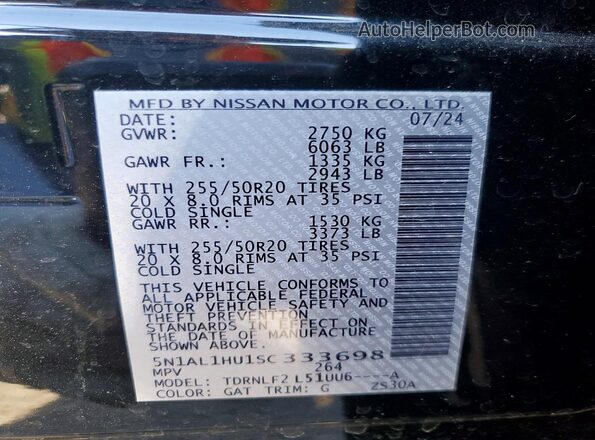 5N1AL1HU1SC333698 2025 INFINITI QX60 Black VIN կոդի պիտակի տեսք