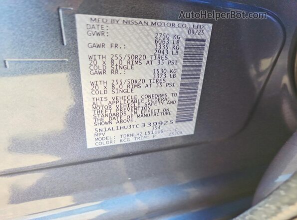 5N1AL1HU3TC339925 2026 INFINITI QX60 Серый Вид наклейки с VIN-кодом