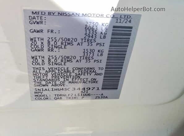 5N1AL1HU4SC344971 2025 INFINITI QX60 Белый Вид наклейки с VIN-кодом