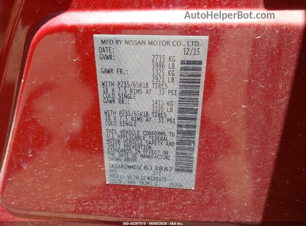 5N1AR2MM0GC613887 2016 NISSAN PATHFINDER Red Engine compartment view