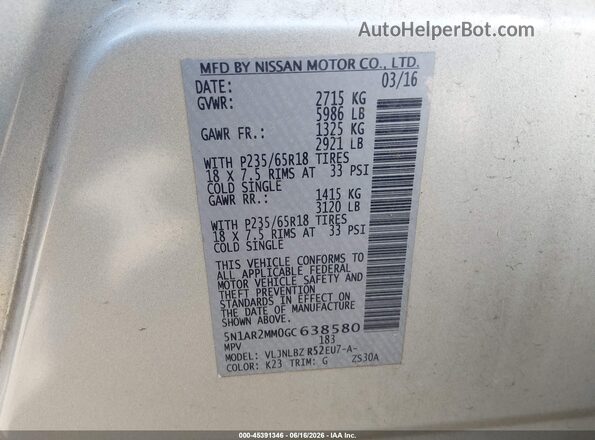 5N1AR2MM0GC638580 2016 NISSAN PATHFINDER Silver Widok komory silnika