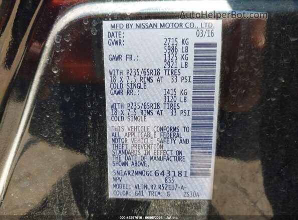 5N1AR2MM0GC643181 2016 NISSAN PATHFINDER Black ძრავის განყოფილების ხედი