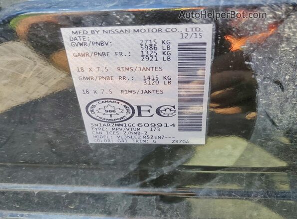 5N1AR2MM1GC609914 2016 NISSAN PATHFINDER Black Вид наклейки з VIN-кодом