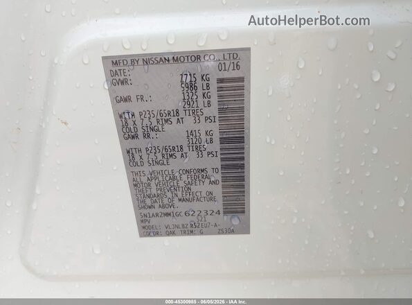 5N1AR2MM1GC622324 2016 NISSAN PATHFINDER White Widok komory silnika