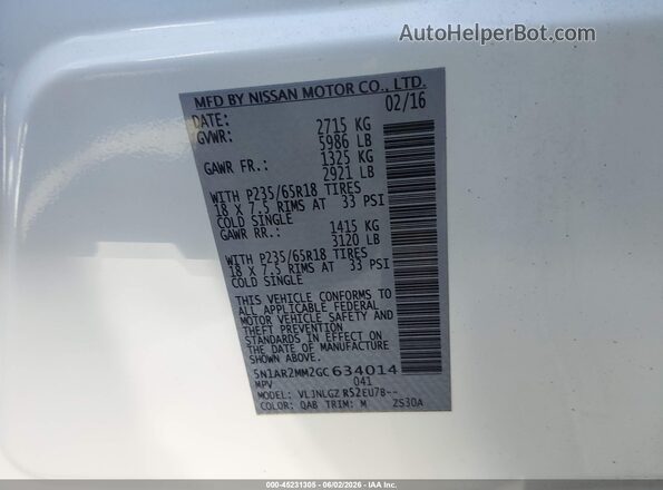 5N1AR2MM2GC634014 2016 NISSAN PATHFINDER White VIN կոդի պիտակի տեսք