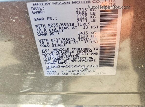 5N1AR2MM2GC661763 2016 NISSAN PATHFINDER Серый Вид наклейки с VIN-кодом