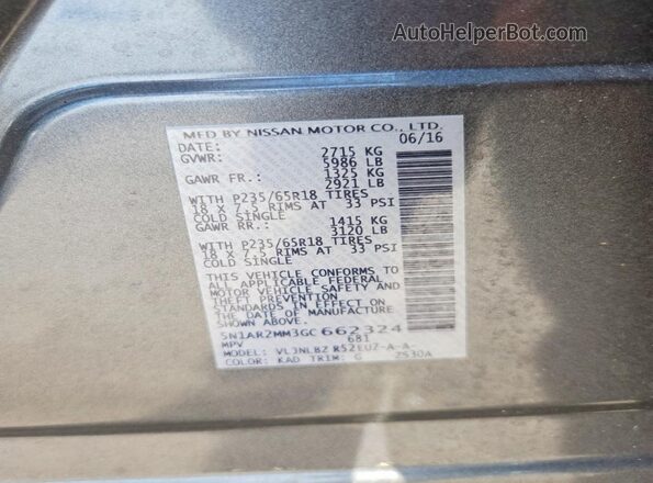 5N1AR2MM3GC662324 2016 NISSAN PATHFINDER Gray 