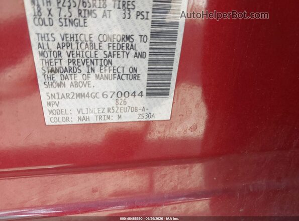 5N1AR2MM4GC670044 2016 NISSAN PATHFINDER Red ძრავის განყოფილების ხედი