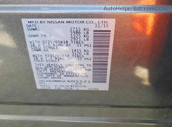 5N1AR2MM6GC605521 2016 NISSAN PATHFINDER Gray Вид наклейки з VIN-кодом