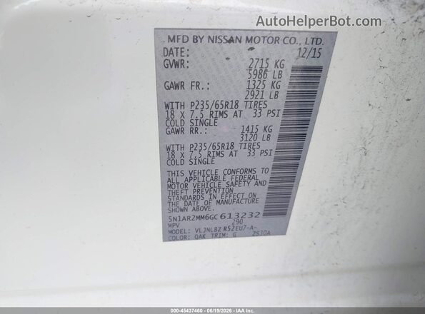 5N1AR2MM6GC613232 2016 NISSAN PATHFINDER White Vista del compartimento del motor