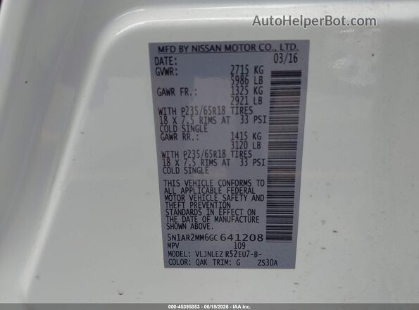 5N1AR2MM6GC641208 2016 NISSAN PATHFINDER White 