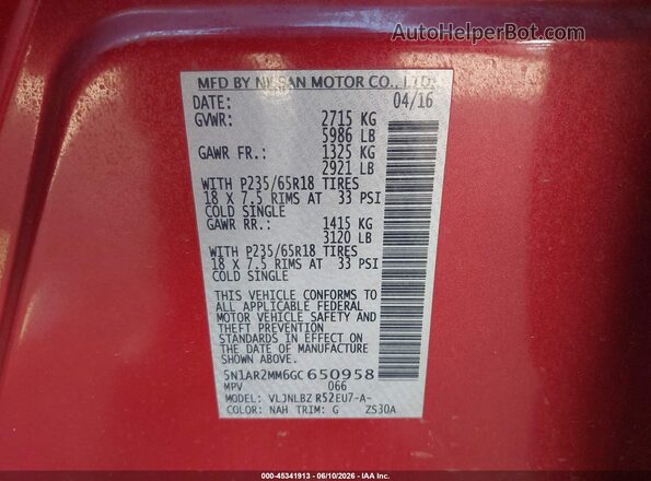 5N1AR2MM6GC650958 2016 NISSAN PATHFINDER Burgundy ძრავის განყოფილების ხედი
