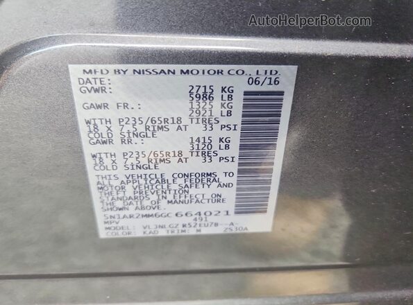 5N1AR2MM6GC664021 2016 NISSAN PATHFINDER Gray 