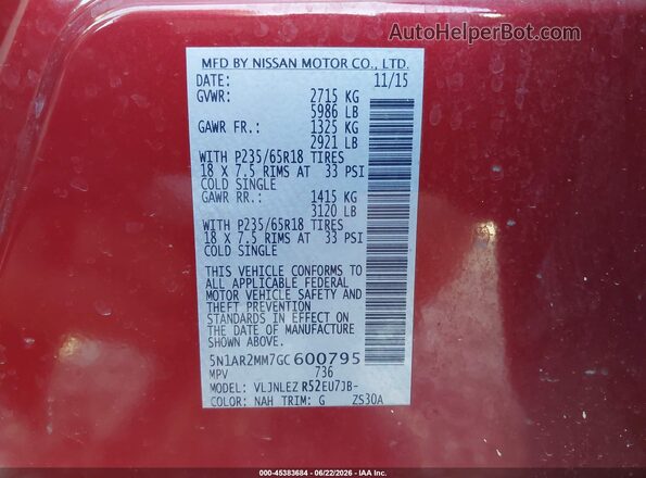 5N1AR2MM7GC600795 2016 NISSAN PATHFINDER Red Շարժիչի բաժամունքի տեսք