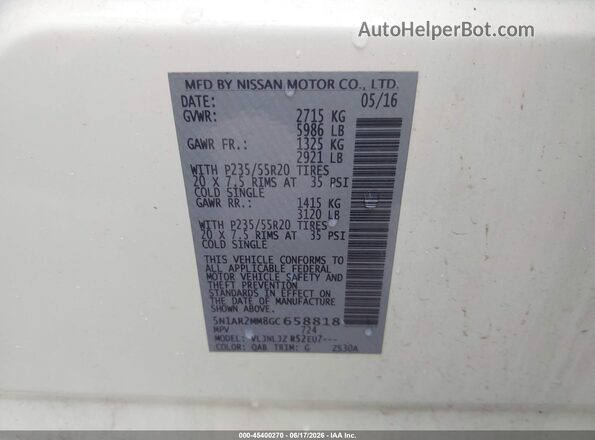 5N1AR2MM8GC658818 2016 NISSAN PATHFINDER White ძრავის განყოფილების ხედი