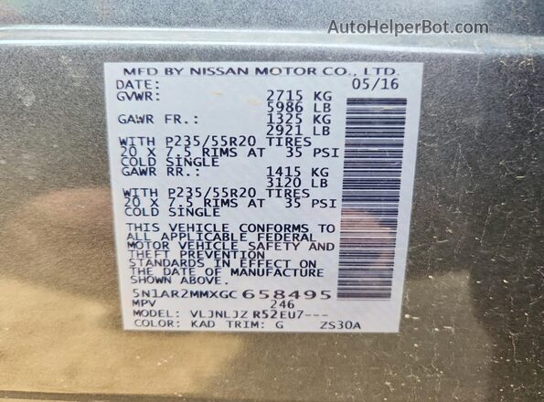5N1AR2MMXGC658495 2016 NISSAN PATHFINDER Gray Вид наклейки з VIN-кодом