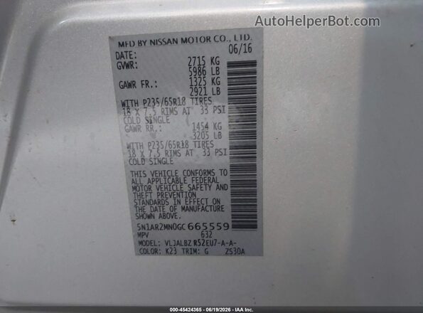 5N1AR2MN0GC665559 2016 NISSAN PATHFINDER Silver Շարժիչի բաժամունքի տեսք