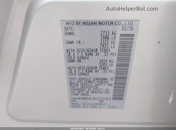 5N1AR2MN2GC622261 2016 NISSAN PATHFINDER Silver Շարժիչի բաժամունքի տեսք