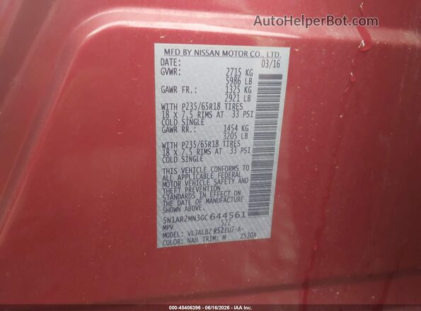 5N1AR2MN3GC644561 2016 NISSAN PATHFINDER Burgundy 