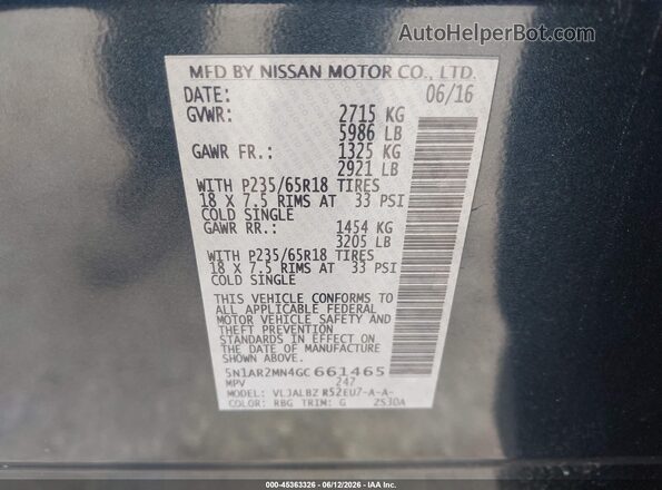 5N1AR2MN4GC661465 2016 NISSAN PATHFINDER Dark Blue Շարժիչի բաժամունքի տեսք