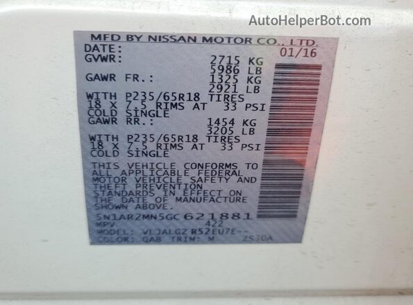 5N1AR2MN5GC621881 2016 NISSAN PATHFINDER White 