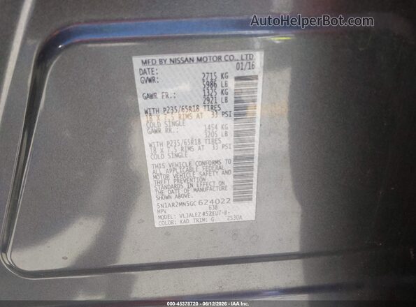 5N1AR2MN5GC624022 2016 NISSAN PATHFINDER Серый Вид подкапотного пространства