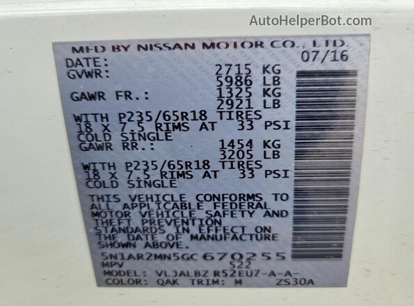5N1AR2MN5GC670255 2016 NISSAN PATHFINDER White Vista de la etiqueta del VIN