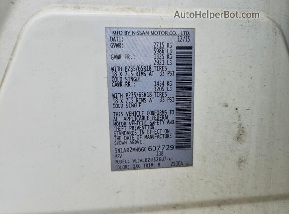 5N1AR2MN6GC607729 2016 NISSAN PATHFINDER White VIN კოდის სტიკერის ხედი