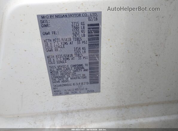5N1AR2MN6GC634879 2016 NISSAN PATHFINDER White Շարժիչի բաժամունքի տեսք