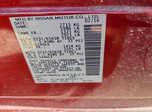 5N1AR2MN6GC635627 2016 NISSAN PATHFINDER Red Вид наклейки з VIN-кодом