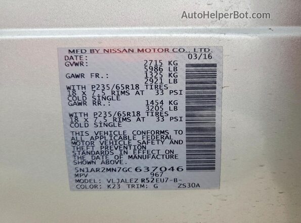 5N1AR2MN7GC637046 2016 NISSAN PATHFINDER Silver 