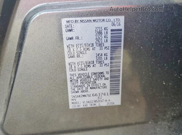 5N1AR2MN7GC663761 2016 NISSAN PATHFINDER Gray Vista de la etiqueta del VIN