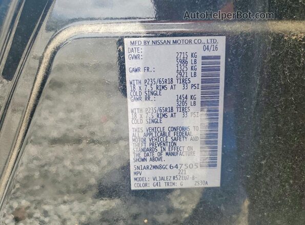 5N1AR2MN8GC647505 2016 NISSAN PATHFINDER Black VIN կոդի պիտակի տեսք
