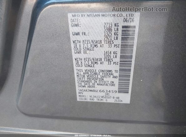 5N1AR2MN8GC663459 2016 NISSAN PATHFINDER Gray Engine compartment view