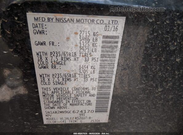 5N1AR2MN9GC624170 2016 NISSAN PATHFINDER Black ძრავის განყოფილების ხედი