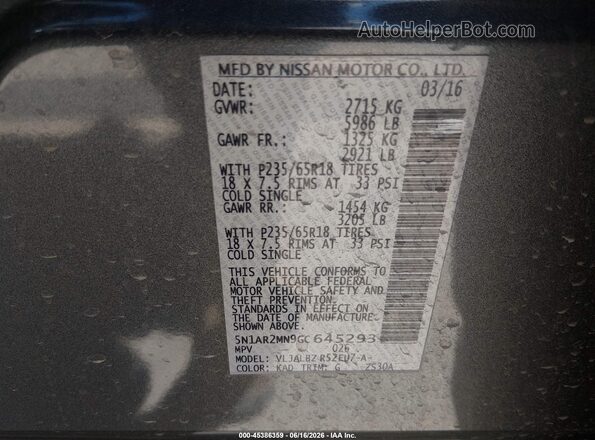 5N1AR2MN9GC645293 2016 NISSAN PATHFINDER Gray Vista del compartimento del motor