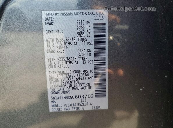 5N1AR2MNXGC603702 2016 NISSAN PATHFINDER Gray 