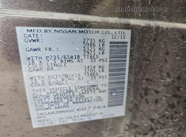 5N1AR2MNXGC607264 2016 NISSAN PATHFINDER Brown VIN კოდის სტიკერის ხედი