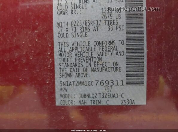 5N1AT2MM1GC769311 2016 NISSAN ROGUE Red Engine compartment view