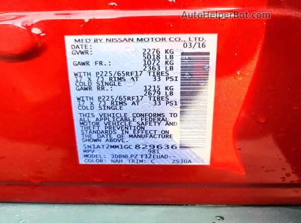 5N1AT2MM1GC829636 2016 NISSAN ROGUE Red 