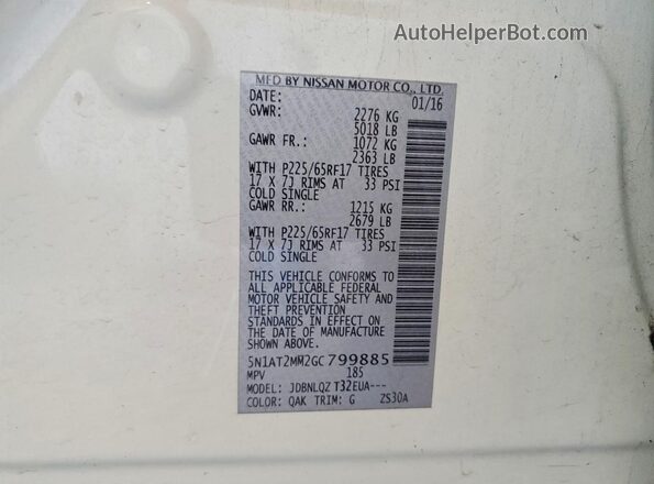 5N1AT2MM2GC799885 2016 NISSAN ROGUE White Engine compartment view