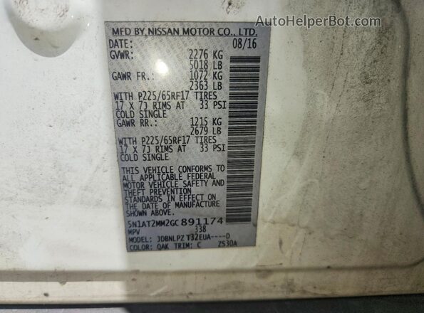 5N1AT2MM2GC891174 2016 NISSAN ROGUE White Панорамний вид салону 360°