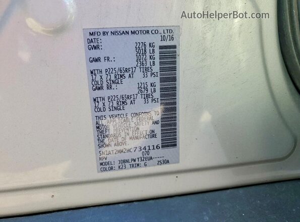 5N1AT2MM2HC734116 2017 NISSAN ROGUE Silver Vista de la etiqueta del VIN