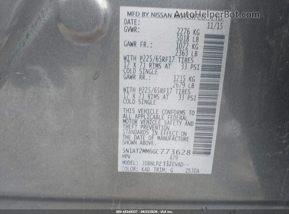 5N1AT2MM6GC773628 2016 NISSAN ROGUE Gray Widok komory silnika