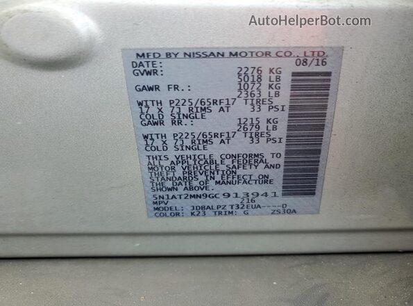 5N1AT2MN9GC913941 2016 NISSAN ROGUE Silver 